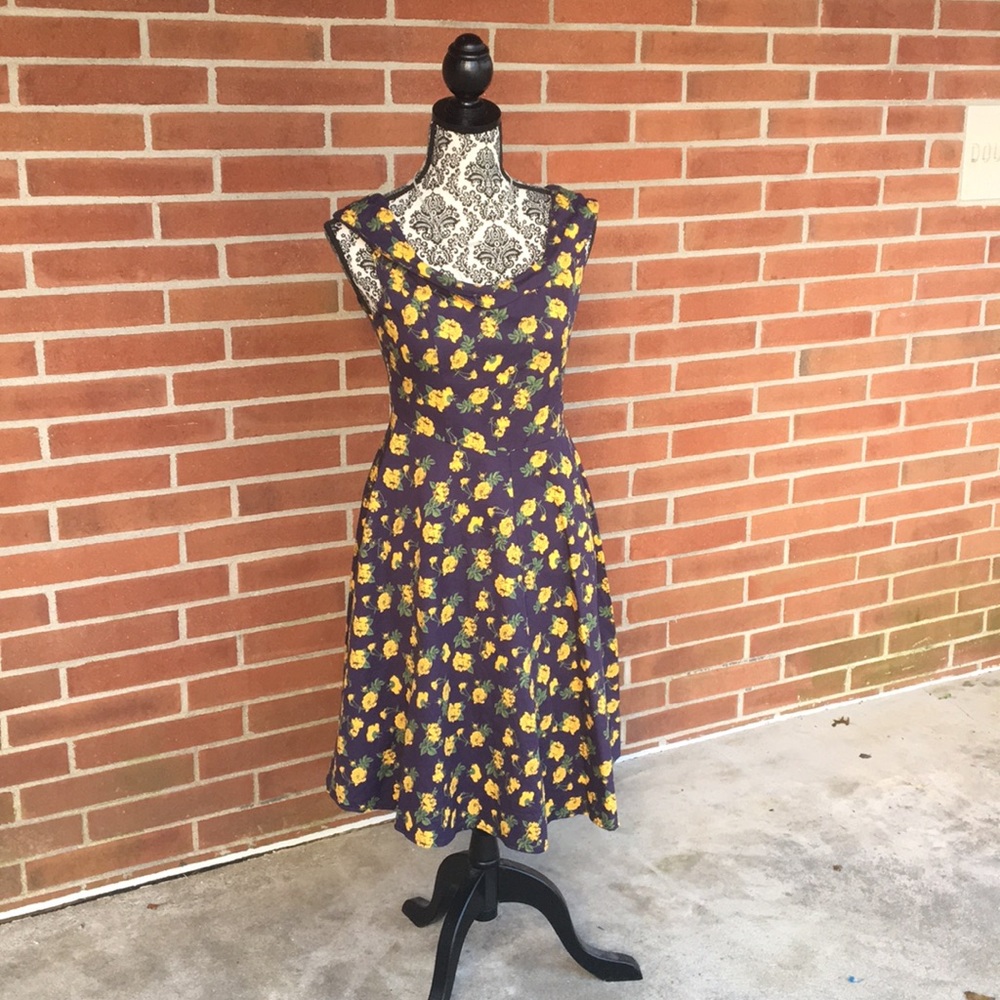 Navy Yellow Floral 50s Style Swing Dress EUC